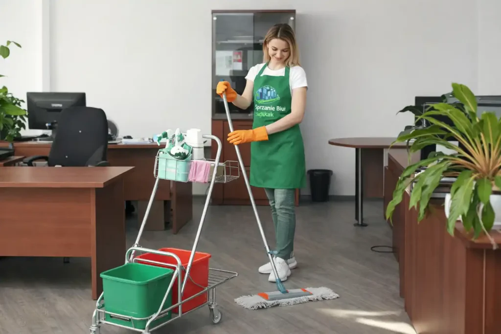 pracownik firmy sprzątającej podczas sprzątania biura